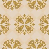 Repeat Elaborate Seamless Scroll Ornament Brocade Baroque Design Decoration Luxury Pattern with Golden Filigree on Beige Geometric Argyle Background. Modern Classy Timeless Style for Wallpaper Apparel vector