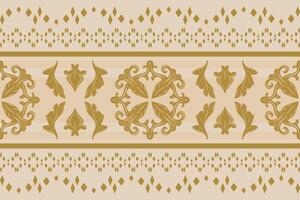 Flourish Digital Print Motif with Gold Scroll Ornament and Geometric Diamond Striped Elegance Pattern on Beige Background. Luxury Filigree Batik Textiles Silk Weaves Graceful Design for All Decoration vector