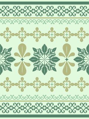 Intricate Golden And Green Scroll Ornament Luxury Oriental Design Striped Border Pattern. Delicate Design for expensive Rich Motif Decoration as Wallpaper Batik Fabrics Textiles Invitation Frame Scarf