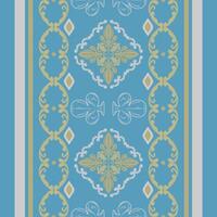 Elegance Golden Silver Striped Border Pattern with Delicate Scroll Ornament Fleur de lis Medieval Abstract Floral Design on Blue Background. Exquisite Luxury Frame and Geometric For Embroidery Carpet vector