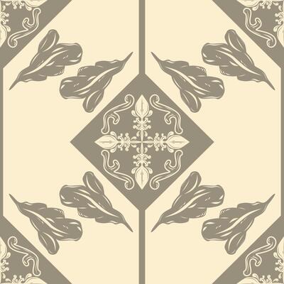 Feel the nature inspired from ikat hand drawn illustration with silver grey ornament on cream background. Geometric diamond shape with luxury element among the leaves seamless pattern for rich decor