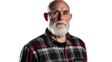 Stern, bald man with white beard, looking at camera, cut out transparent png