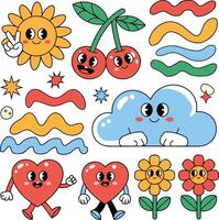 a set of cartoon characters with flowers, sun, clouds and hearts vector