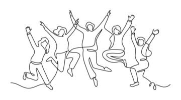 Happy group of people jumping, continuous one line drawing. Friendship, team work, healthy lifestyle, success concept. Minimalist simple linear style. outline illustration vector