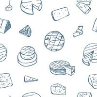 Hand drawn French cheeses seamless pattern. Different type of cheese on white background. Simple design for menu, fabric, textile, wrapping paper vector