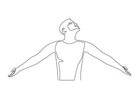 Continuous one line drawing happy man stretched her arms out to sides, relaxation and breathing exercise. Person stretching as symbol of freedom and openness to world. illustration vector
