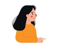 Girl points, directs and shows with her finger. Gesture to side. Indicate with hand. Character indicates attention. flat isolated illustration vector