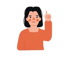 Girl points, directs and shows with her finger. Gesture to look up. Indicate with hand. Character indicates attention. flat isolated illustration vector