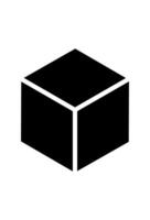 A simple, solid black cube icon. Isometric black box graphic representing a three-dimensional shape vector