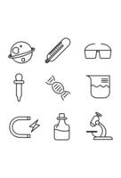 Basic science equipment doodle icon. planet, thermometer, goggles, dropper, DNA, beaker, magnet, flask, microscope vector