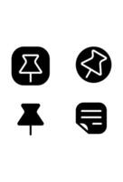 Three black pin icons and a document icon. Diverse black icons. pushpins and a paper note vector