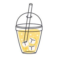 Lemonade in plastic cup with straw, ice cubes, refreshing drink, icon hand drawn style vector