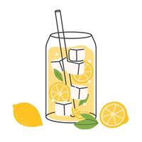 Lemonade refreshment drink, lemon soda in glass with straw and mint, icon hand drawn style vector