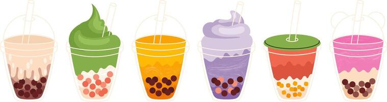 Bubble tea drinks with tapioca pearls and straws hand drawn illustration set vector