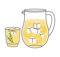 Summer lemonade, soda refreshment drinks in glasses with ice and lemon, hand drawn set vector