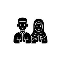 A simple illustration of a Muslim couple greeting each other in traditional attire. vector