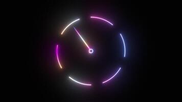 Neon Glowing Clock Rotating on a Black Background. Seamless Loop. 4K video
