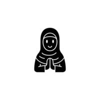 A simple black and white icon of a smiling Muslim woman wearing a hijab and praying. vector