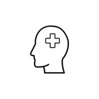 Simple line art icon depicting a head with a cross inside, symbolizing mental health and well-being. vector