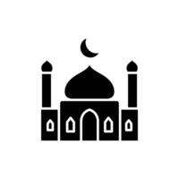 A simple black and white illustration of a mosque with a crescent moon, suitable for use as an icon or symbol. vector