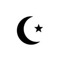 Simple black and white crescent moon and star symbol. Islamic religious icon vector