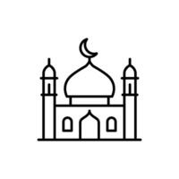 Simple line drawing of a mosque, featuring a dome, minarets and crescent moon. vector