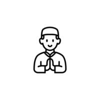 A simple line art illustration of a smiling boy in traditional Muslim attire, performing a respectful salutation. vector