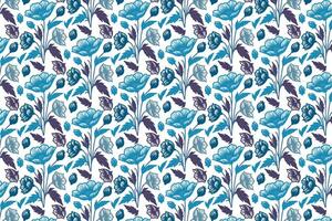 blue pattern design of line art florals and floral motifs with abstract cotton flower outlines for fashion and wrapping paper vector