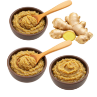Fresh ginger paste in bowls with wooden spoons isolated on transparent background png