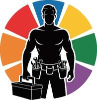 Muscular handyman holding toolbox and tools with colorful background vector