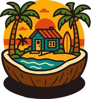 Tropical beach life scene with coconut, palm trees, and ocean view vector
