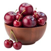 Plums and cherries in wooden bowl isolated on transparent background png
