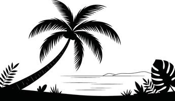 illustration of a tropical beach scene with a palm tree, ocean landscape, and various decorative foliage elements in black and white. vector
