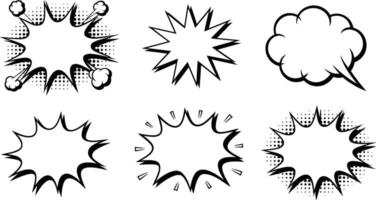 A collection of comic book style speech bubbles and burst elements in black and white vector