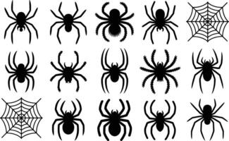 Assorted black silhouette spiders and spiderwebs in various styles and poses for halloween or decorative design elements vector