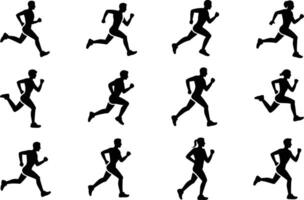 A collection of silhouettes representing male and female runners engaged in various dynamic running poses demonstrating motion and exercise. vector