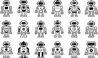 Collection of illustrations featuring simple and minimalist robots in various designs suitable for technological projects vector