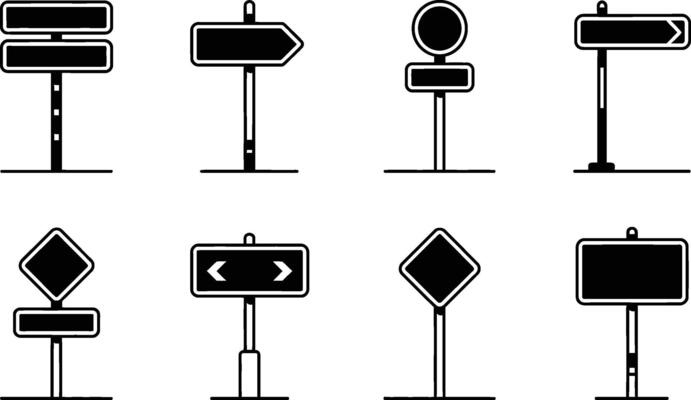 Collection of minimalist black and white road sign illustrations featuring various shapes and directional symbols