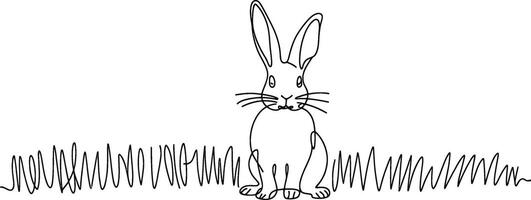 Simple line drawing of a cute rabbit sitting in the grass on a plain white background vector