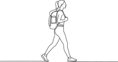 Continuous line drawing of a woman hiking with a backpack outdoors on the move vector