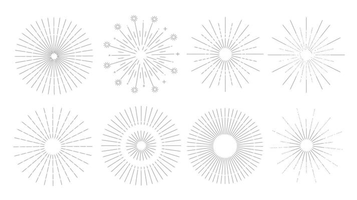 Collection of decorative sunburst designs in various styles perfect for vintage retro graphics