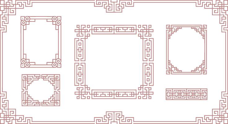 Elegant collection of decorative asian style frames and borders in vintage earth tones on white background