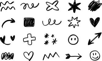 Collection of hand drawn doodle icons and symbols in black and white for digital design elements and illustrations vector