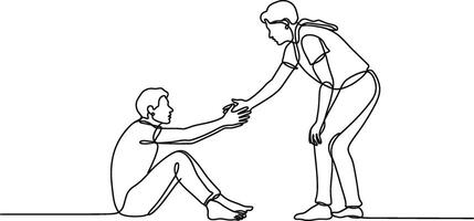 Illustration of person helping another person up with one continuous line drawing vector