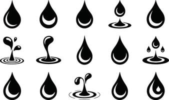 Collection of stylized black water drops with ripple effects depicting various splash animations on white background vector