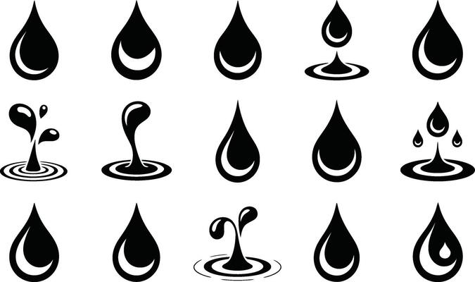 Collection of stylized black water drops with ripple effects depicting various splash animations on white background