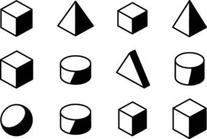 Minimalist isometric geometric shapes collection featuring cubes pyramids cylinders and sphere in modern black and white design vector