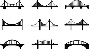 Collection of various silhouette bridge illustrations presenting different architectural designs and engineering constructions vector