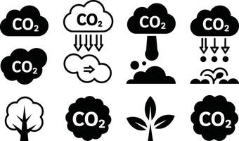Conceptual icon set depicting carbon dioxide emissions atmospheric pollution and environmental impact in a sustainable context vector