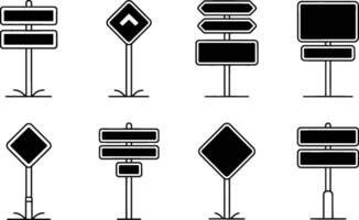 Set of black and white road signs featuring various shapes and directional arrows and information signs in modern style vector